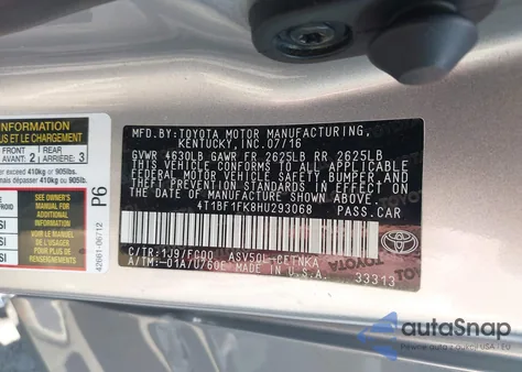 2017 Toyota Camry Le из США, поврежденный, VIN 4T1BF1FK8HU293068